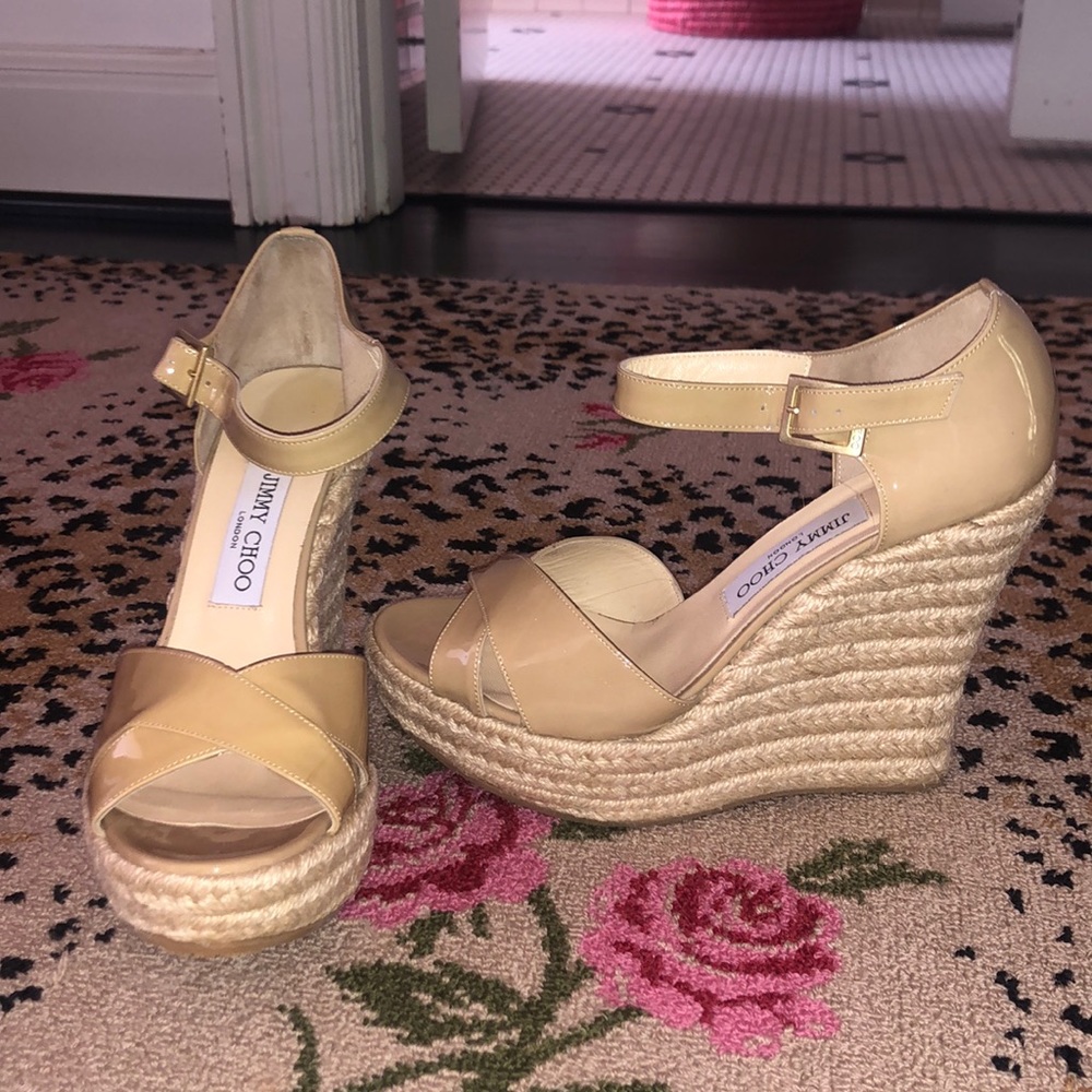 Jimmy Choo Tan Patent Leather Woven Wedges size 39